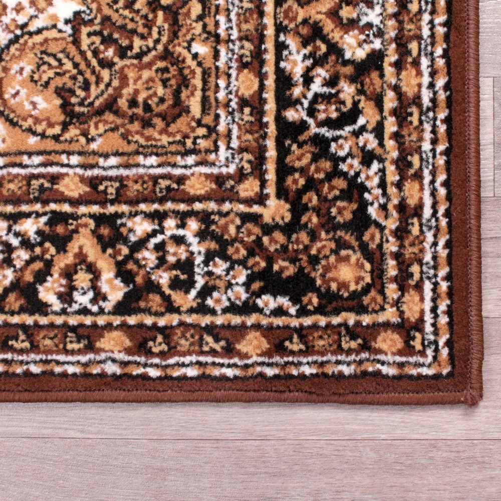 Traditional Poly Lancashire Medallion Border Runner Rugs in Chocolate Brown